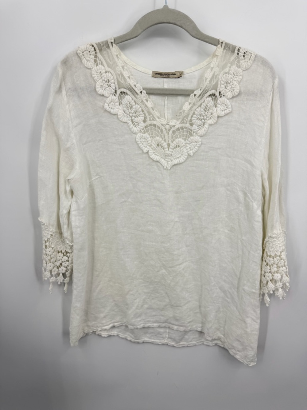 Vanessa‎ Alexandra Off White Linen Tunic Top White Crochet Trim sz L